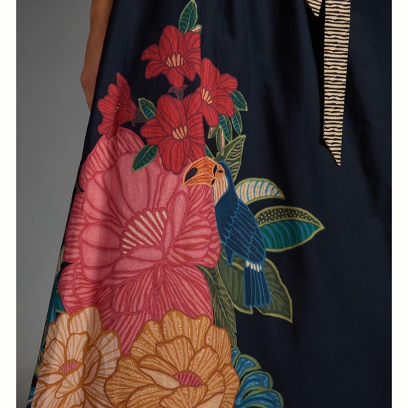 Anthropologie Farm Rio Tropical Maxi Skirt Floral Tie Bow Elastic  Blue Motif - Picture 3 of 8